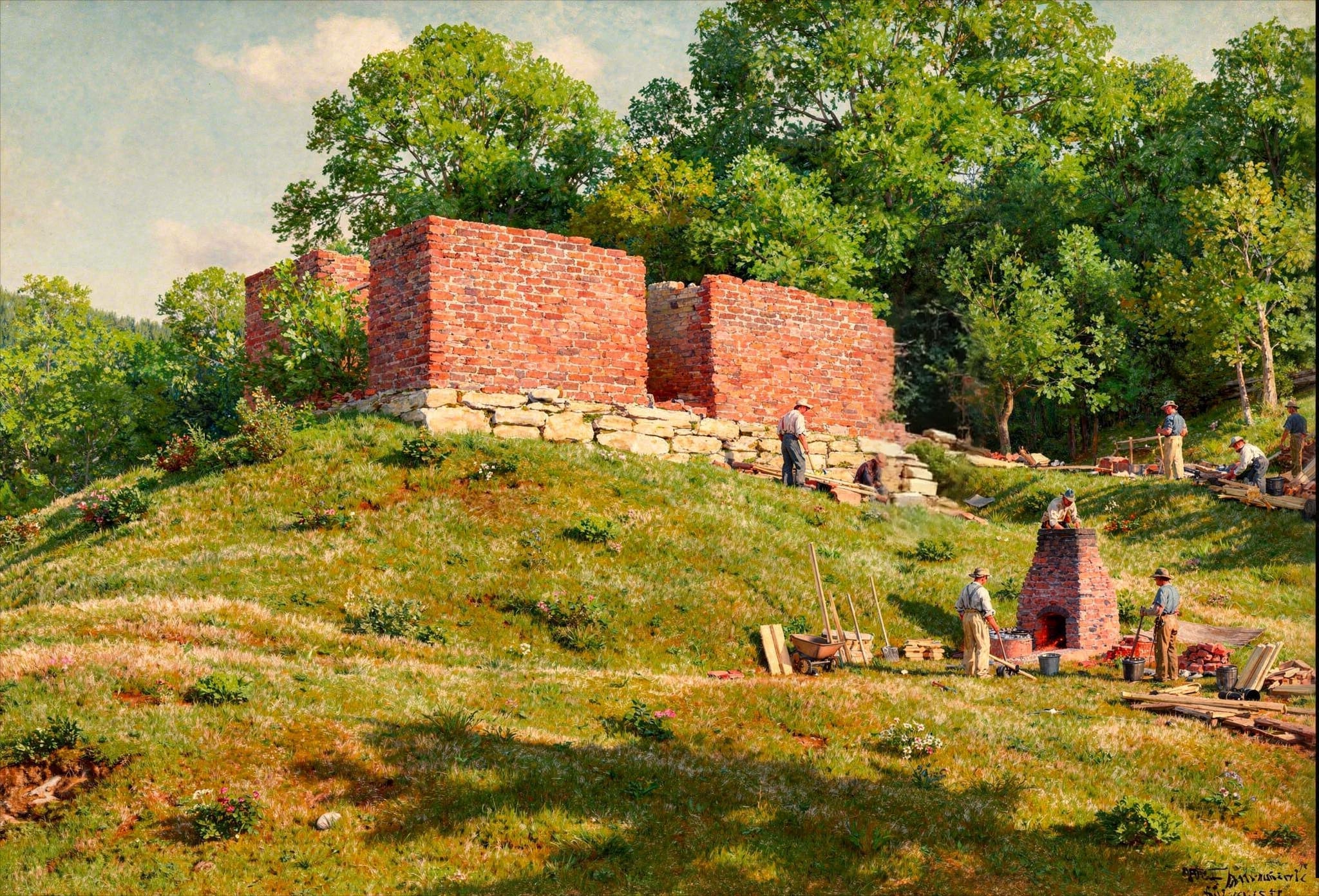 An artist's rendering of workers constructing a red brick wall on a grassy hillside, surrounded by lush green trees. Several laborers work near a small brick kiln in the foreground while others lay stone and brick along the rising structure in the background, depicting the frontier craftsmanship used to build the first brick home in the area now known as Hendersonville, Tennessee.