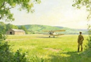 Oil painting-style illustration of a vintage biplane on a grass airfield in Middle Tennessee, with a military officer in uniform standing at the tree line watching it taxi. A wooden hangar sits to the left and rolling green hills stretch across the horizon—evoking the founding of Berry Field by Colonel Harry Smith Berry in 1928, the predecessor to Nashville International Airport (BNA) and a cornerstone of Nashville aviation history tied to the Bradford-Berry House legacy.