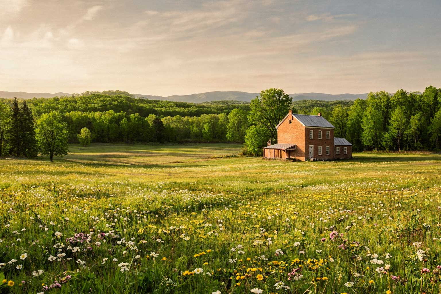 A small Federal-style red brick farmhouse stands at the edge of a wildflower meadow at golden hour, backed by green forest and distant low mountains under a warm hazy sky.