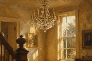 Artist's rendering of how the Bradford-Berry parlor might've looked: a crystal chandelier with candle arms hangs above a carved staircase newel post, beside a tall paned window in warm afternoon light.