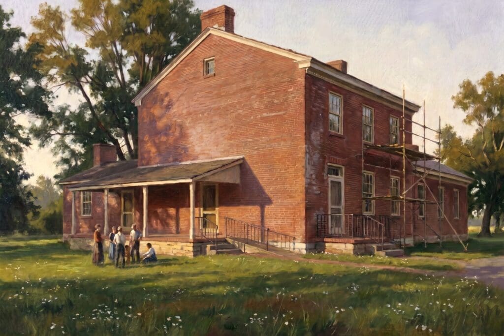 Oil painting of the Bradford-Berry House at sunrise, scaffolding along its red-brick wings, with four people gathered on the lawn looking up at the house as its restoration begins.